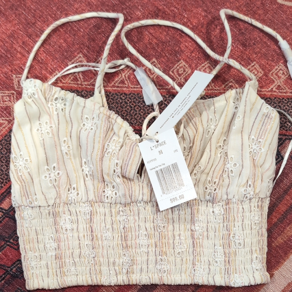 L*Space Cream and Tan Smocked Lace Crop Top